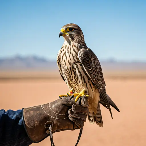 Falcon perched on a gloved hand in the UAE desert